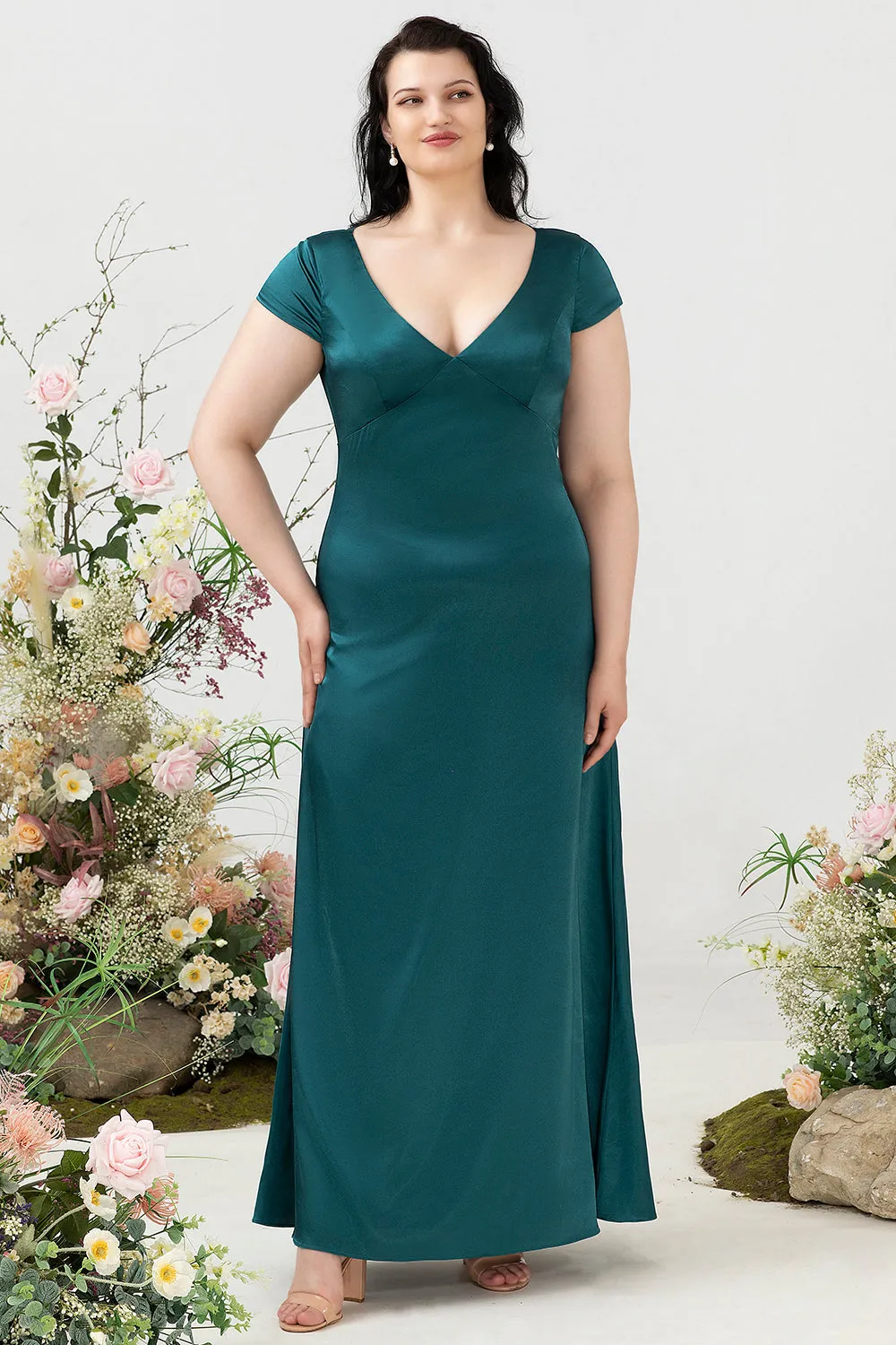 A Line V Neck Dark Green Plus Size Bridesmaid Dress with Open Back sold by Zapaka