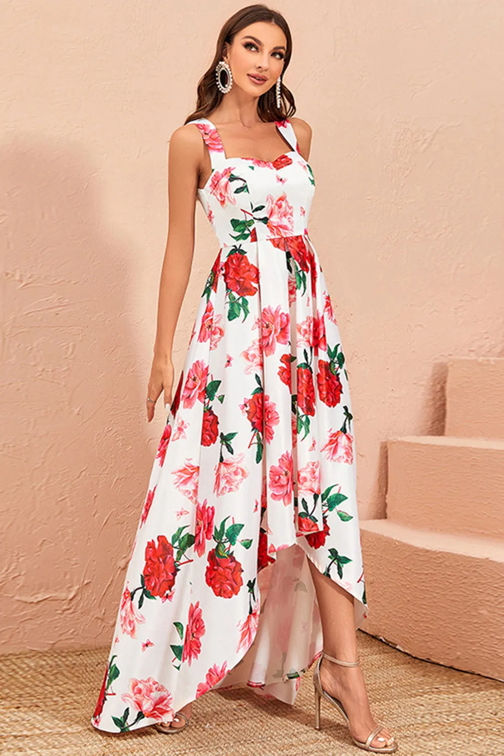 High-low White Floral Print Prom Dress with Ruffles sold by Zapaka product image thumbnail 4