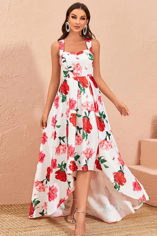 High-low White Floral Print Prom Dress with Ruffles sold by Zapaka