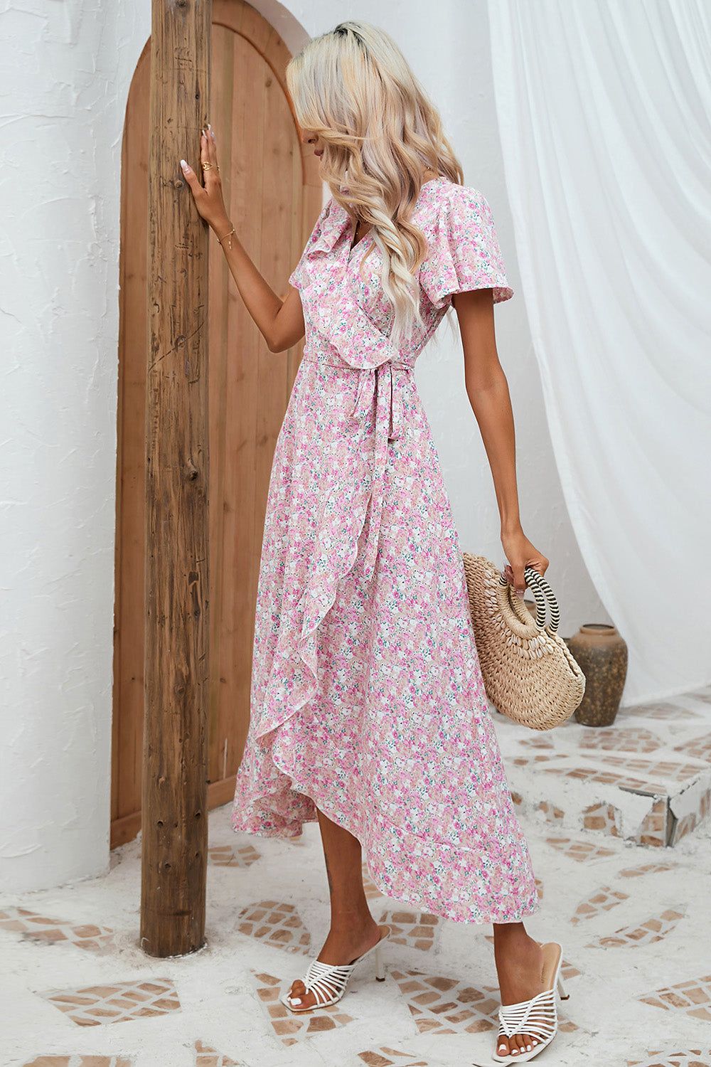 Pink Floral Maxi Wrap Dress sold by Zapaka product image thumbnail 3
