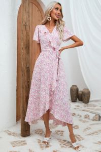 Pink Floral Maxi Wrap Dress sold by Zapaka