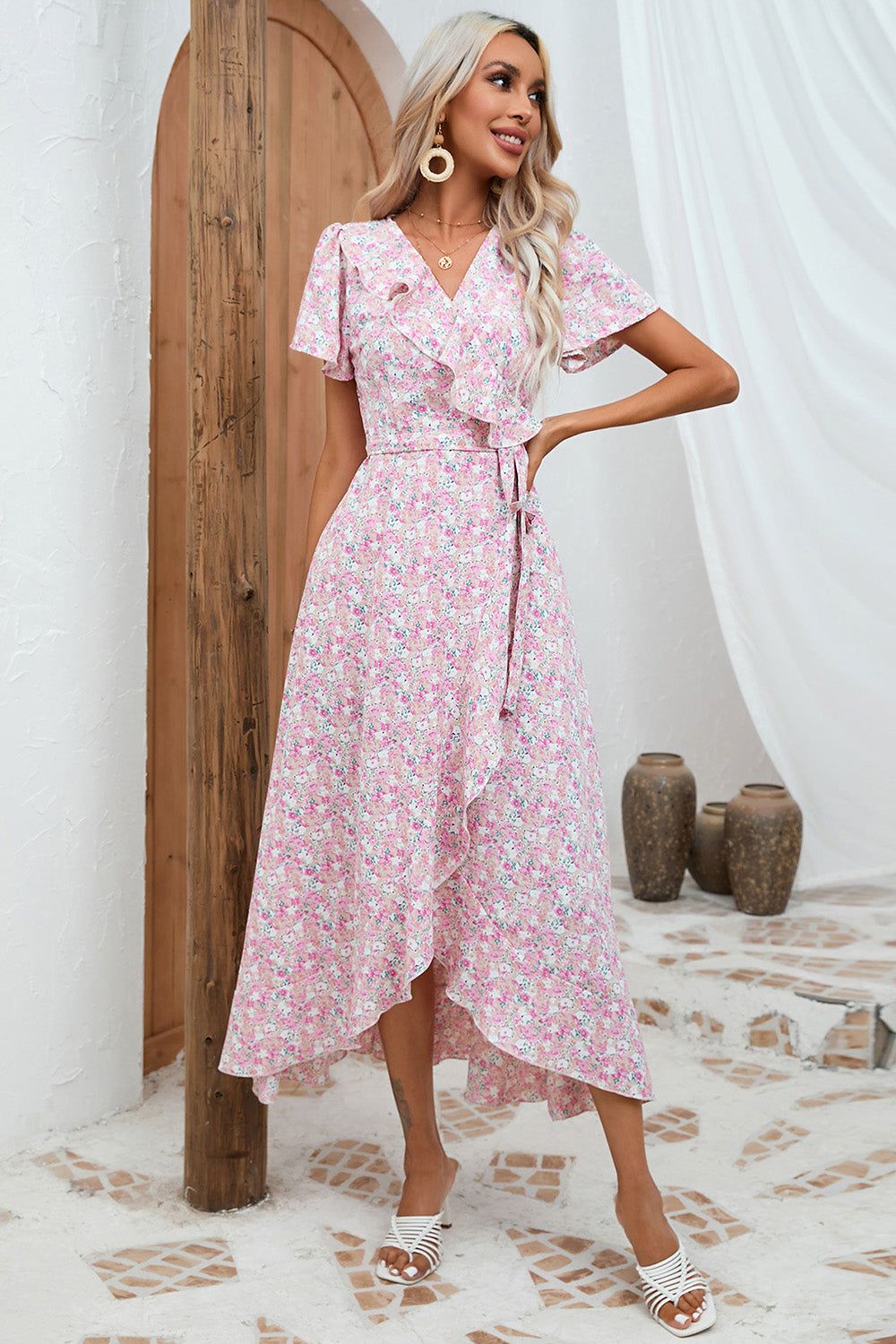 Pink Floral Maxi Wrap Dress sold by Zapaka product image thumbnail 5