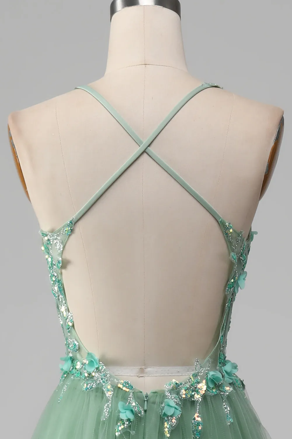 Sparkly Green A-Line Spaghetti Straps Corset Prom Dress With Appliques sold by Zapaka product image thumbnail 5