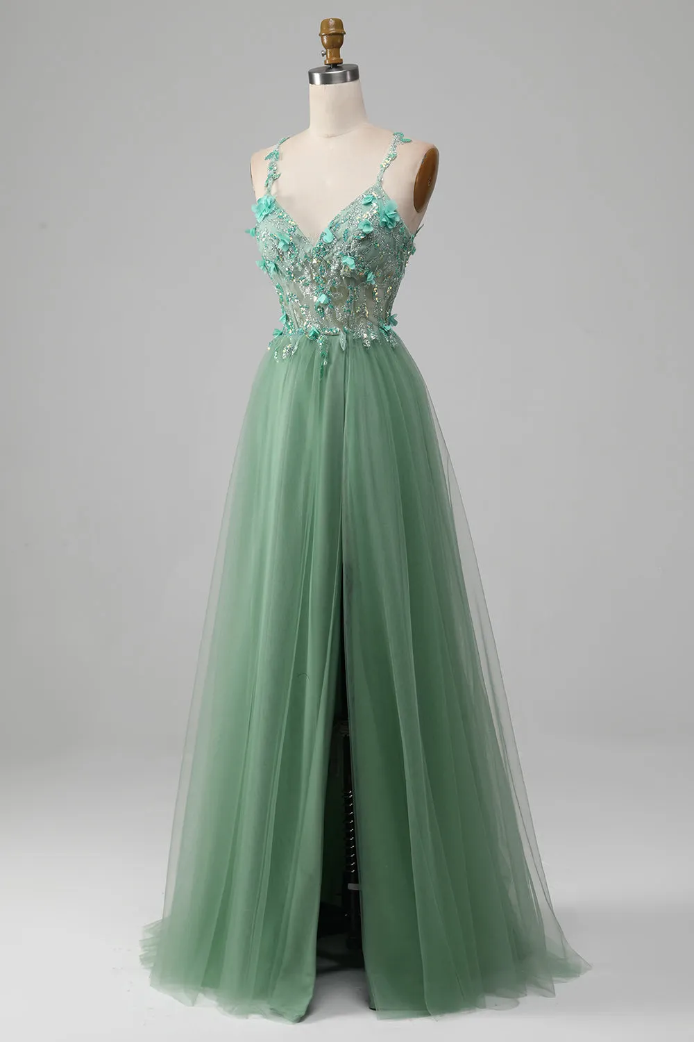 Sparkly Green A-Line Spaghetti Straps Corset Prom Dress With Appliques sold by Zapaka product image thumbnail 3