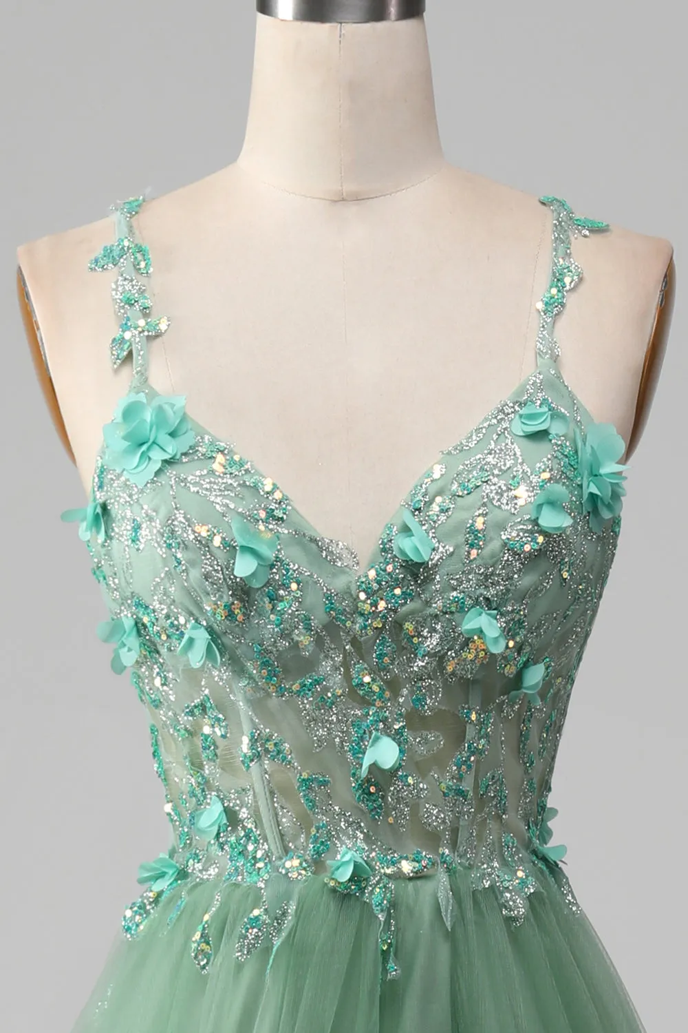 Sparkly Green A-Line Spaghetti Straps Corset Prom Dress With Appliques sold by Zapaka product image thumbnail 4
