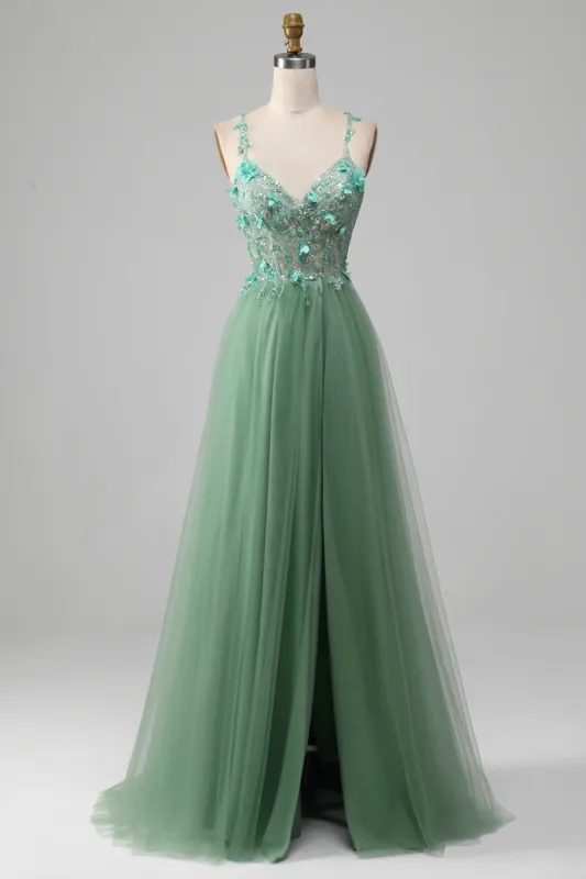 Sparkly Green A-Line Spaghetti Straps Corset Prom Dress With Appliques sold by Zapaka