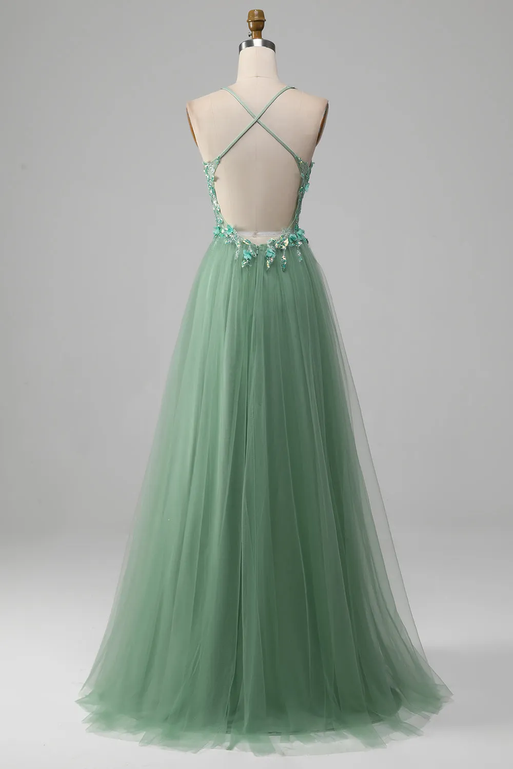 Sparkly Green A-Line Spaghetti Straps Corset Prom Dress With Appliques sold by Zapaka product image thumbnail 2