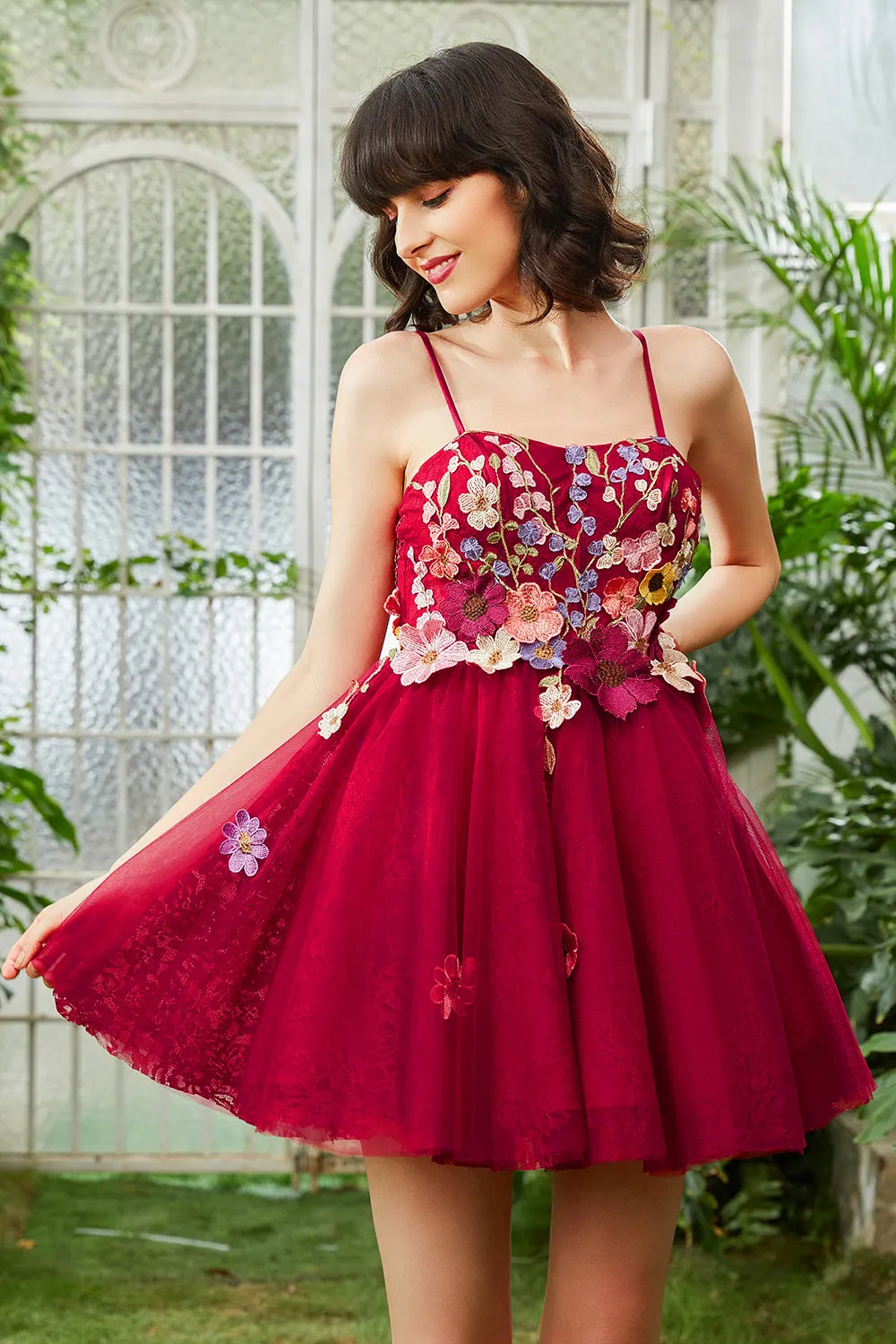 Burgundy A Line Spaghetti Straps Homecoming Dress With 3D Flowers sold by Zapaka product image thumbnail 3
