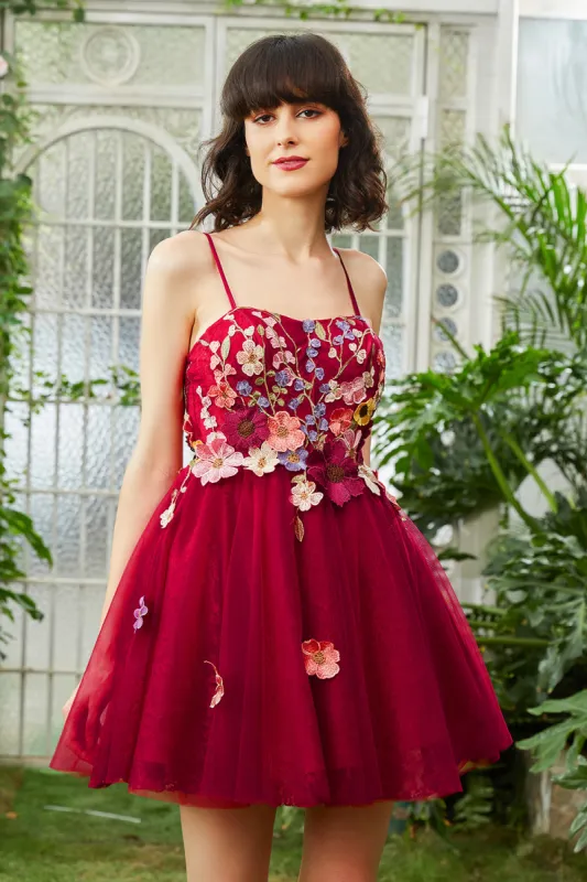 Burgundy A Line Spaghetti Straps Homecoming Dress With 3D Flowers made by Zapaka