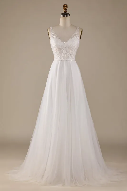 Ivory V-Neck Tulle Sweep Train Wedding Dress with Lace sold by Zapaka