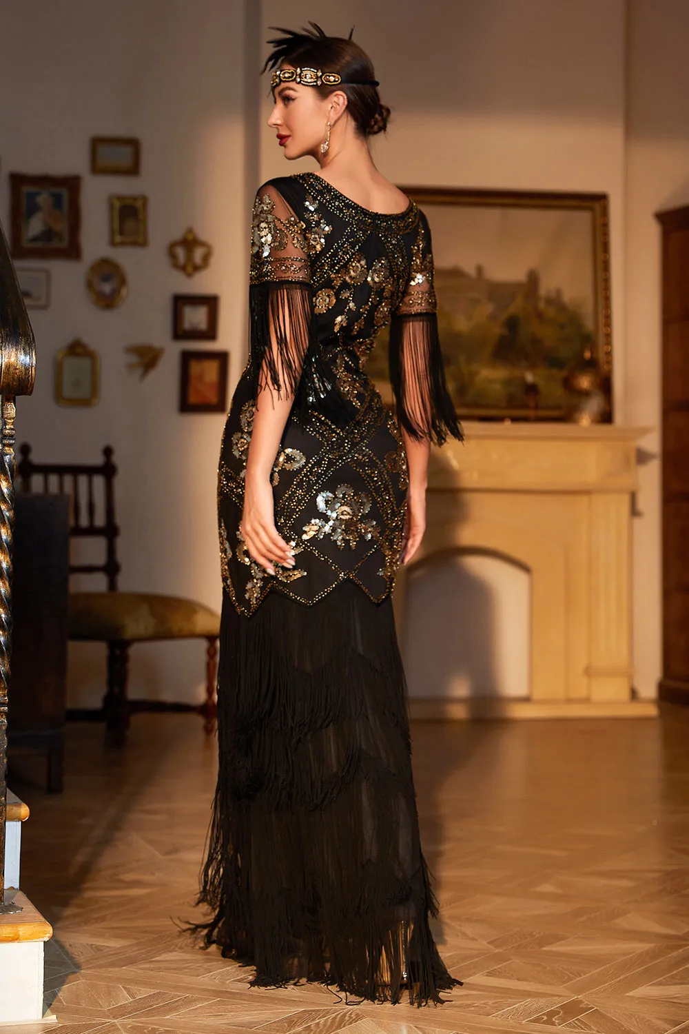 Sheath V Neck Black Sequins Long 1920s Flapper Dress with Fringes sold by Zapaka product image thumbnail 2