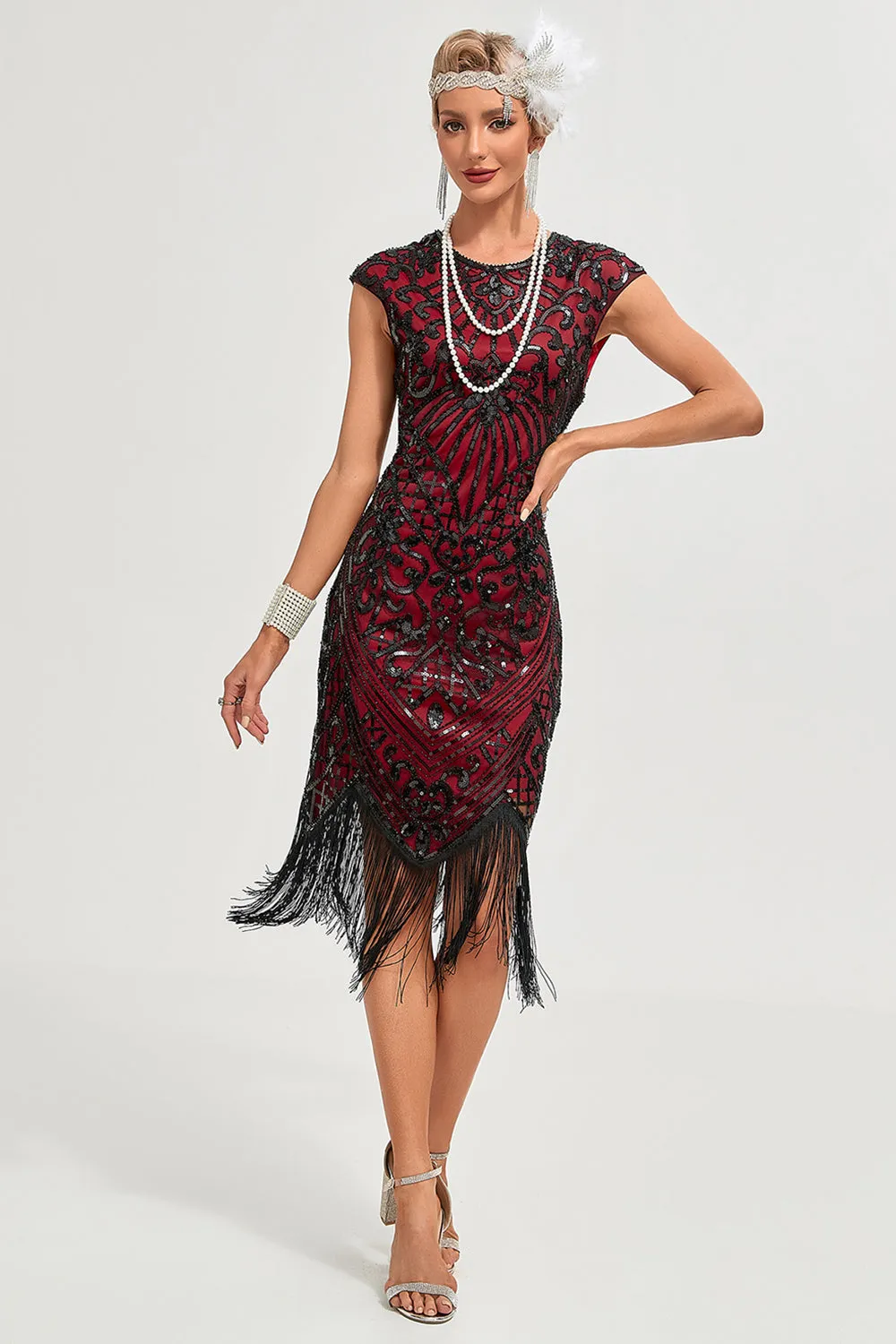 Burgundy Fringes Sparkly Flapper Dress with Accessories Set sold by Zapaka product image thumbnail 5