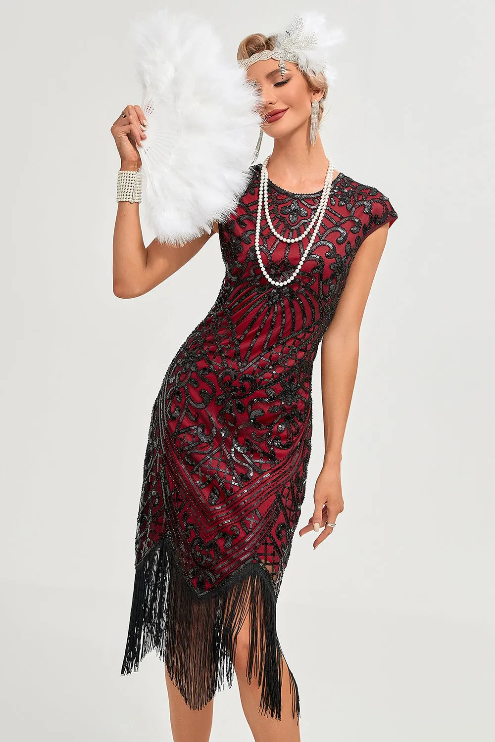 Burgundy Fringes Sparkly Flapper Dress with Accessories Set sold by Zapaka product image thumbnail 4