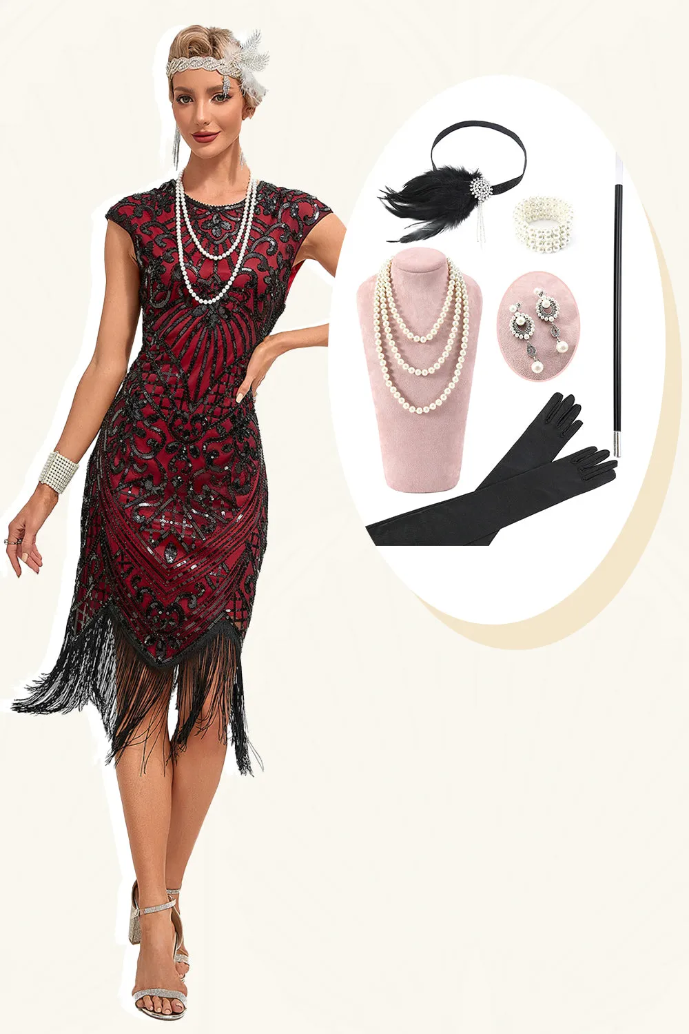 Burgundy Fringes Sparkly Flapper Dress with Accessories Set sold by Zapaka