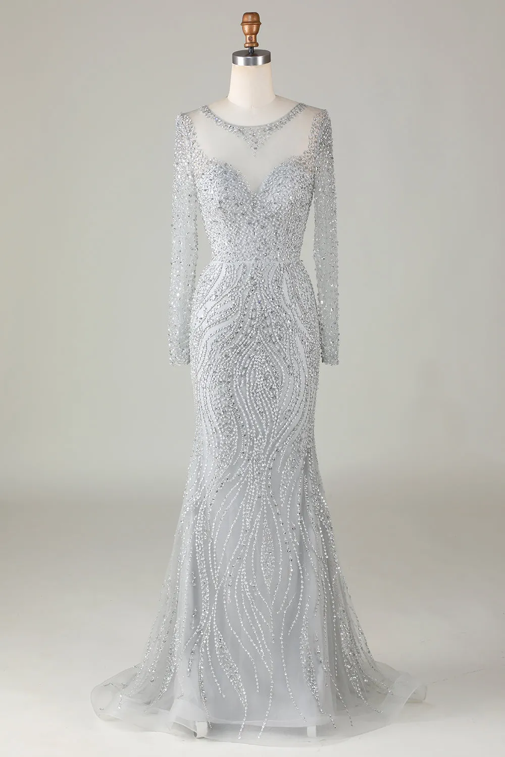 Gorgeous Sparkly Grey Beaded Mermaid Long Prom Dress sold by Zapaka