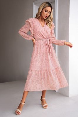 Floral Printed V-neck Summer Dress with Long Sleeves sold by Zapaka