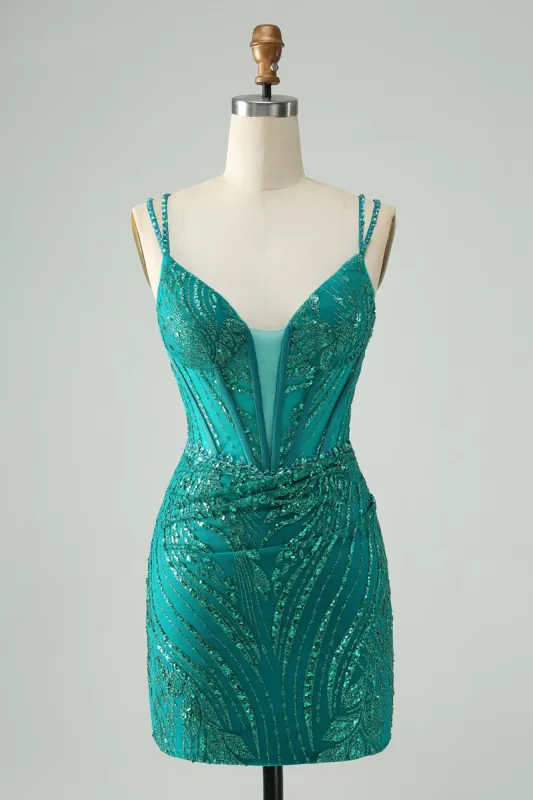 Sparkly Dark Green Bodycon Corset Short Homecoming Dress with Sequins sold by Zapaka