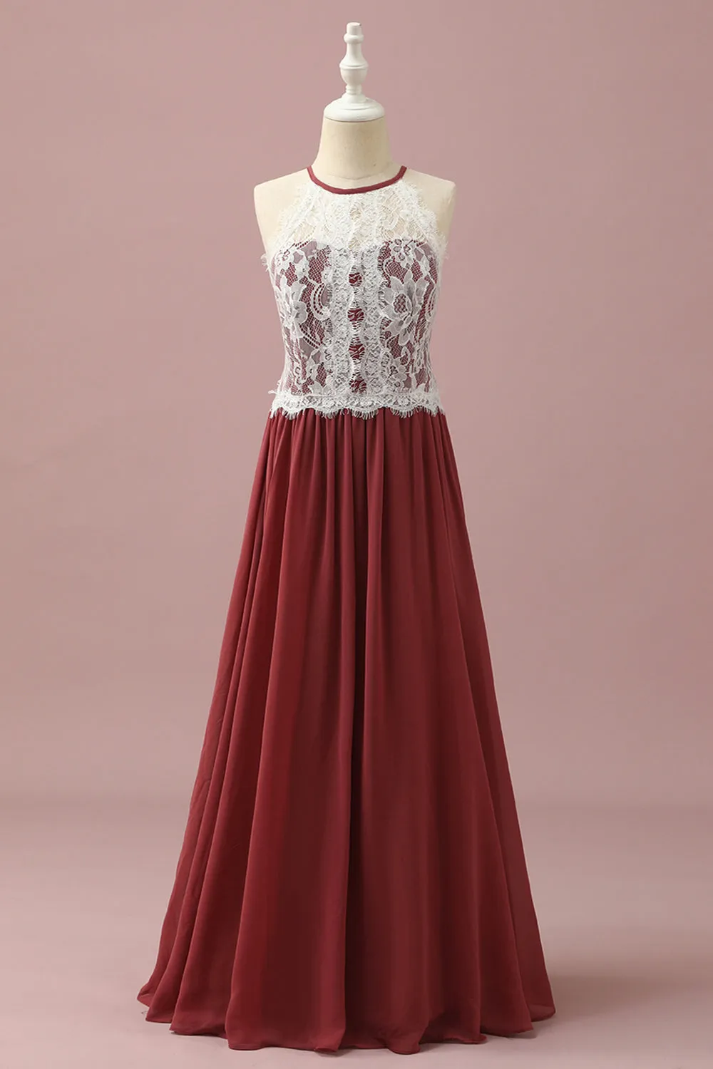 Burgundy Halter Lace and Chiffon Junior Bridesmaid Dress sold by Zapaka