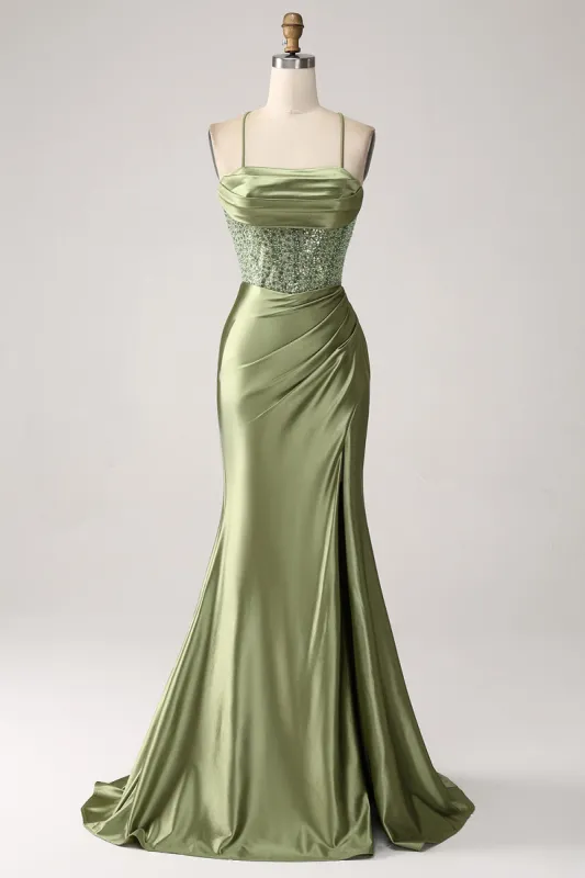 Army Green Mermaid Cowl Neckline Sequin Long Prom Dress With Slit sold by Zapaka