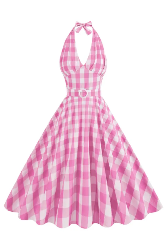 Pink Halter Plaid Sleeveless 1950s Dress With Belt sold by Zapaka