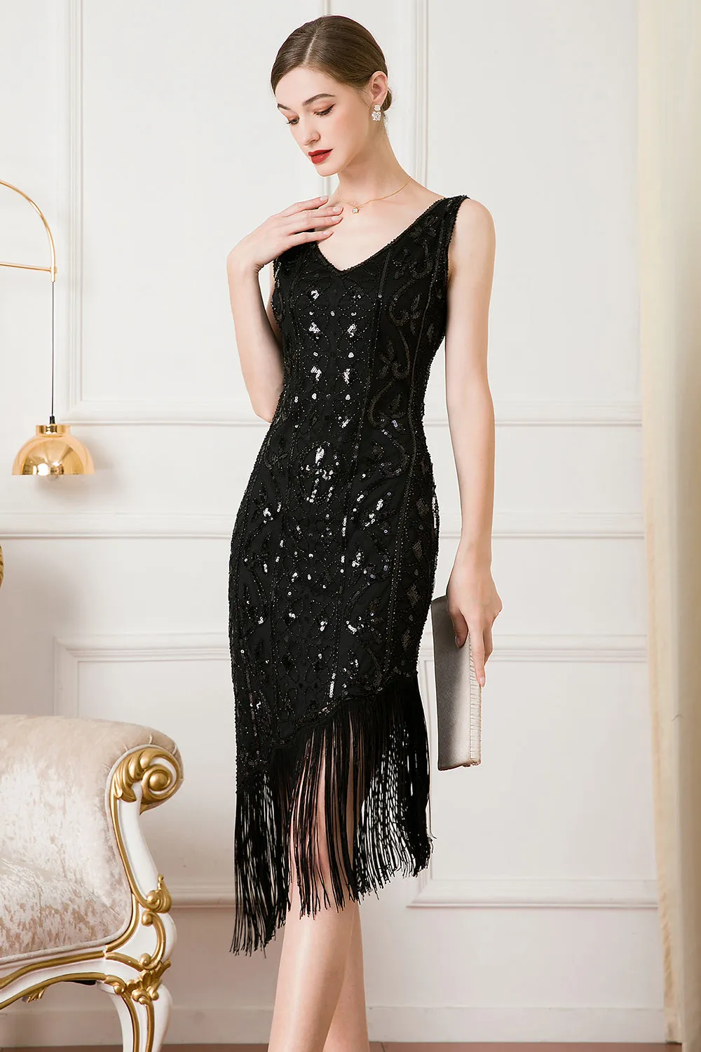 Black Sequin 1920s Flapper Dress with Fringes sold by Zapaka product image thumbnail 3