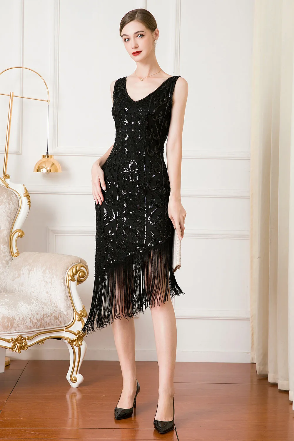 Black Sequin 1920s Flapper Dress with Fringes sold by Zapaka product image thumbnail 4
