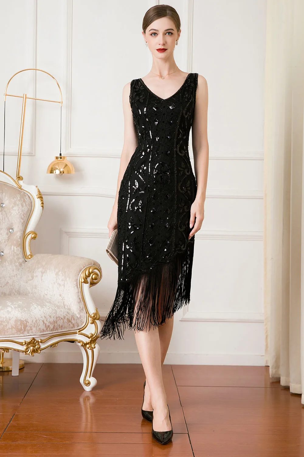 Black Sequin 1920s Flapper Dress with Fringes sold by Zapaka product image thumbnail 5