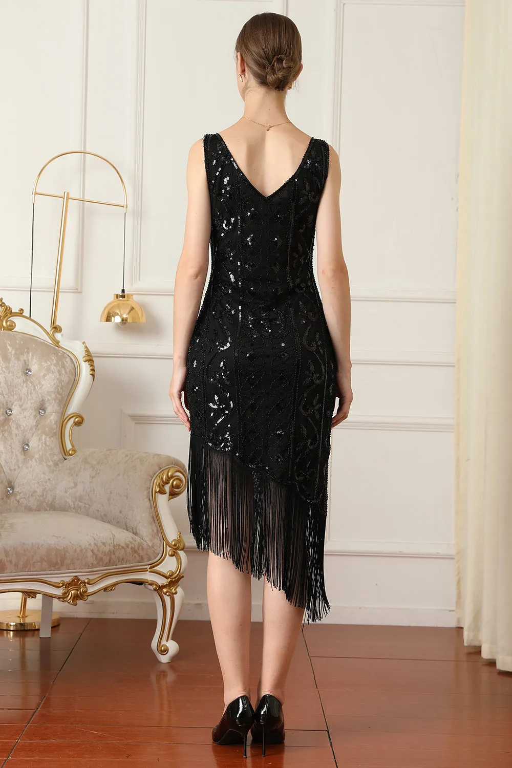 Black Sequin 1920s Flapper Dress with Fringes sold by Zapaka product image thumbnail 2