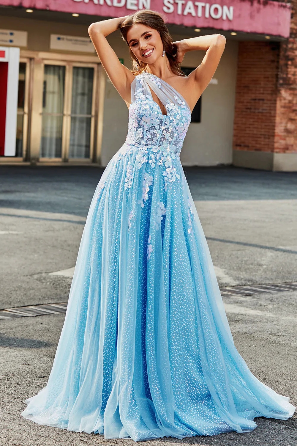Light Blue A Line One Shoulder Long Tulle Prom Dress With Appliques sold by Zapaka product image thumbnail 3