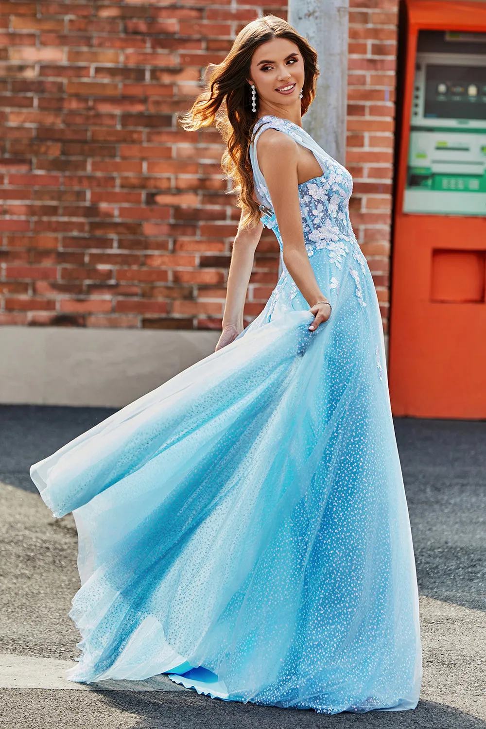 Light Blue A Line One Shoulder Long Tulle Prom Dress With Appliques sold by Zapaka product image thumbnail 4