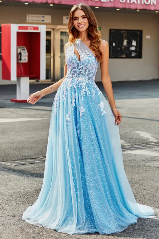 Light Blue A Line One Shoulder Long Tulle Prom Dress With Appliques sold by Zapaka