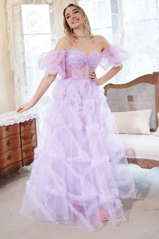 A Line Off the Shoulder Purple Corset Plus Size Prom Dress with Bowknot sold by Zapaka