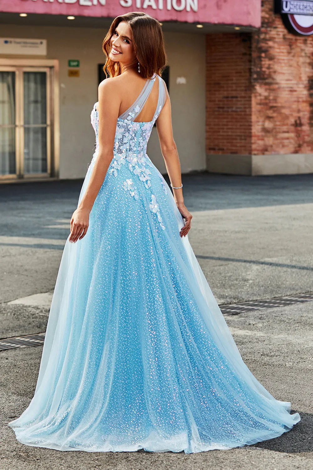 Light Blue A Line One Shoulder Long Tulle Prom Dress With Appliques sold by Zapaka product image thumbnail 2