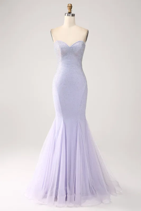 Lilac Mermaid Sweetheart Strapless Beaded Long Prom Dress sold by Zapaka