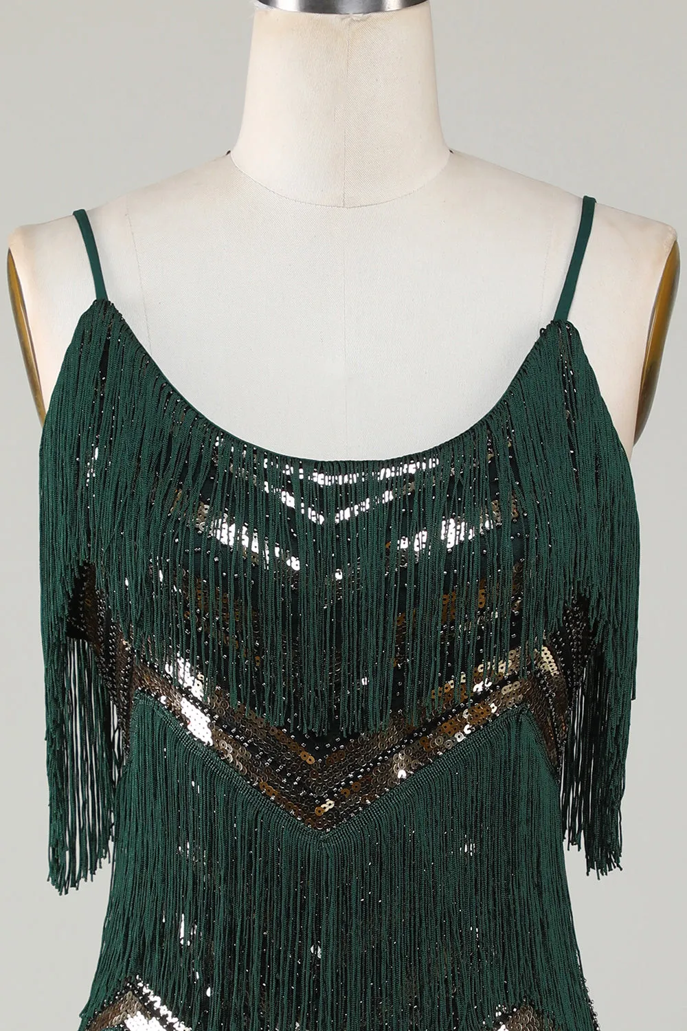 Spaghetti Straps Dark Green Glitter 1920s Dress with Fringes sold by Zapaka product image thumbnail 4