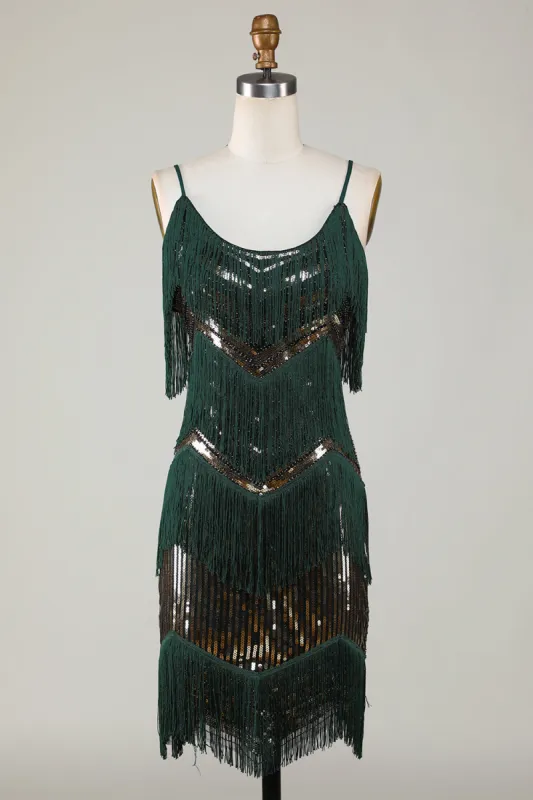 Spaghetti Straps Dark Green Glitter 1920s Dress with Fringes sold by Zapaka