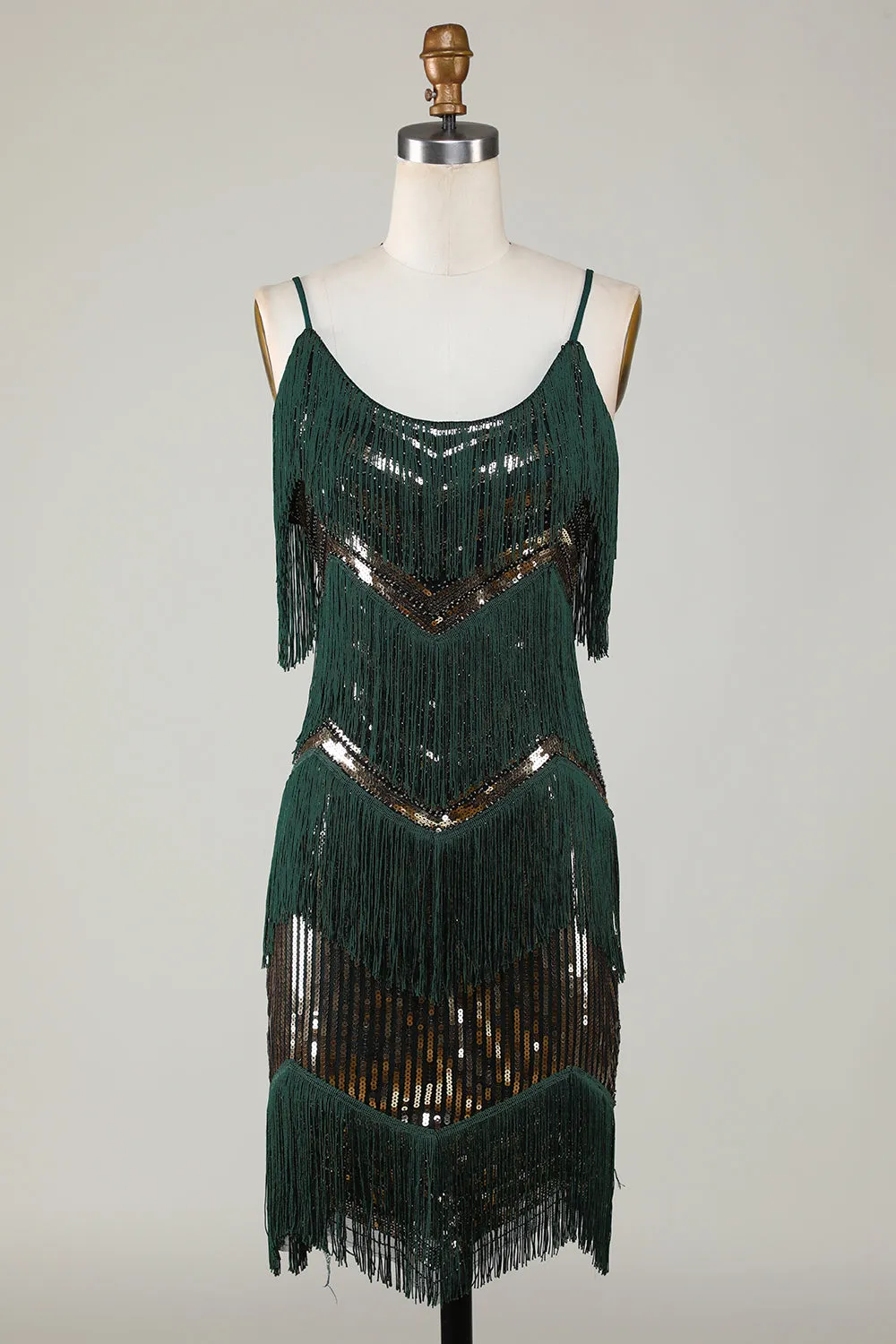 Spaghetti Straps Dark Green Glitter 1920s Dress with Fringes sold by Zapaka