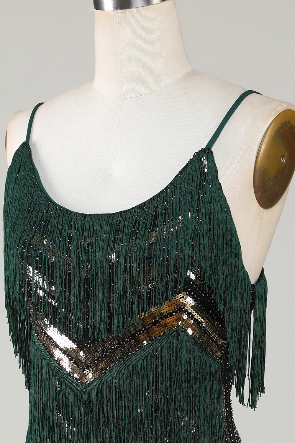 Spaghetti Straps Dark Green Glitter 1920s Dress with Fringes sold by Zapaka product image thumbnail 5