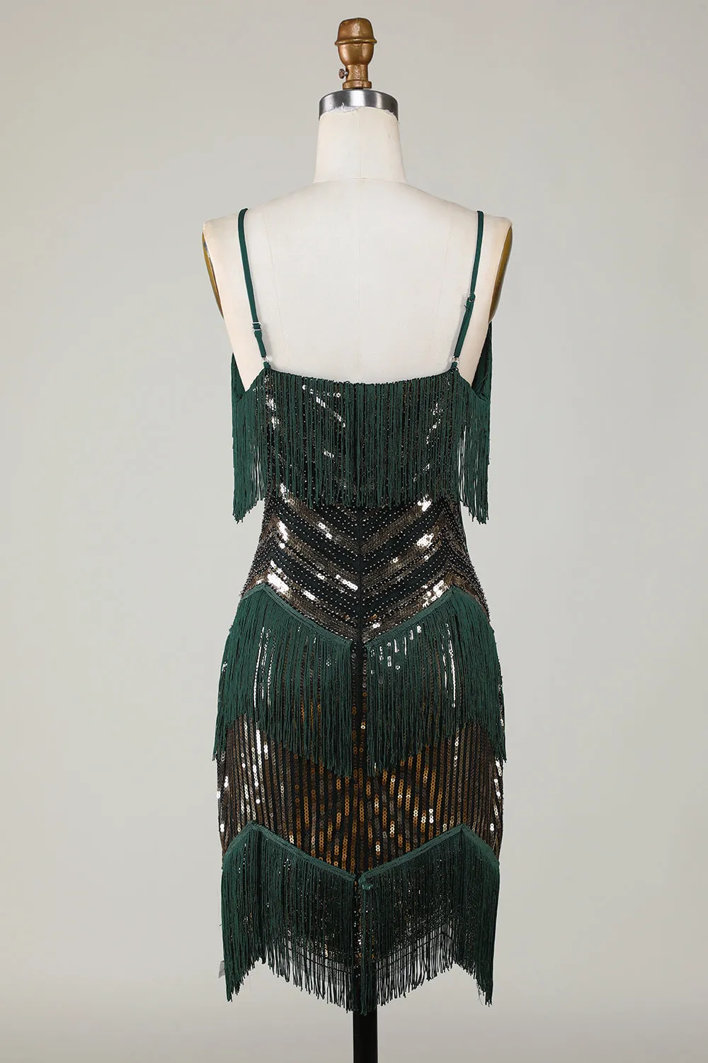 Spaghetti Straps Dark Green Glitter 1920s Dress with Fringes sold by Zapaka product image thumbnail 2