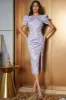 Light Purple Bodycon Puff Sleeves Pleated Long Prom Dress With Slit sold by Zapaka