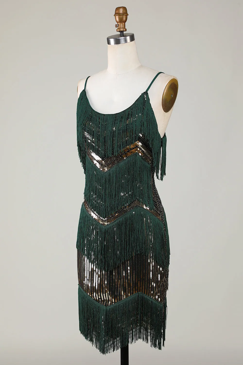 Spaghetti Straps Dark Green Glitter 1920s Dress with Fringes sold by Zapaka product image thumbnail 3