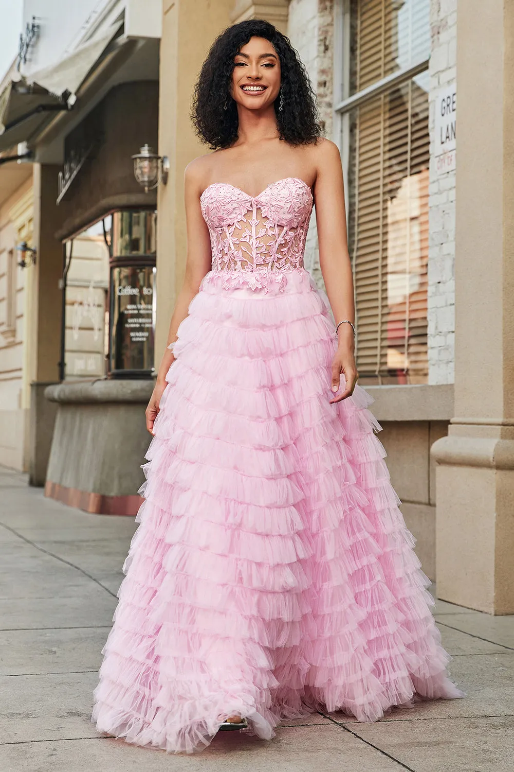 Pink A-Line Strapless Tiered Long Corset Prom Dress with Accessories Set sold by Zapaka product image thumbnail 4