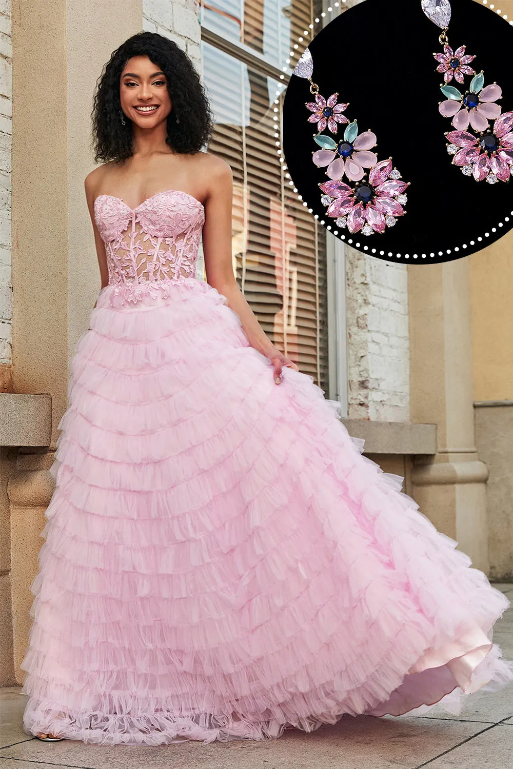 Pink A-Line Strapless Tiered Long Corset Prom Dress with Accessories Set sold by Zapaka