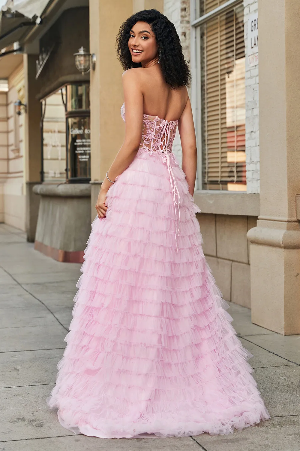 Pink A-Line Strapless Tiered Long Corset Prom Dress with Accessories Set sold by Zapaka product image thumbnail 2