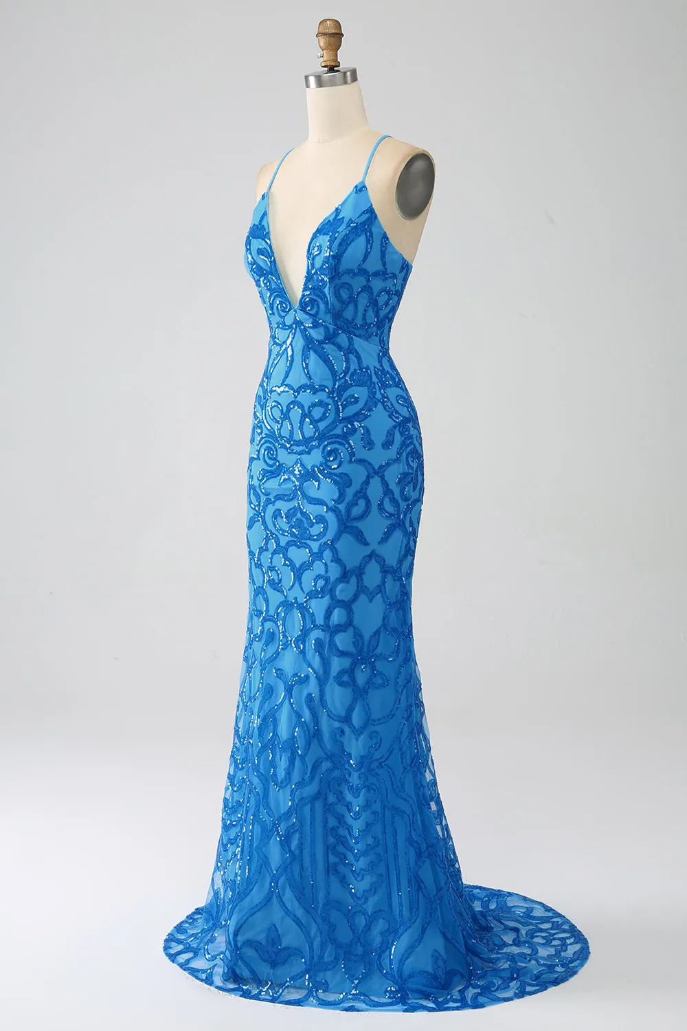Blue Mermaid Spaghetti Straps Sequins Long Prom Dress sold by Zapaka product image thumbnail 3
