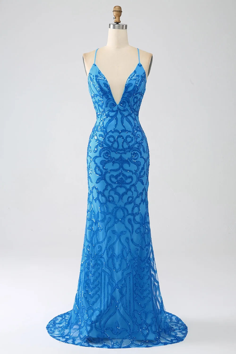 Blue Mermaid Spaghetti Straps Sequins Long Prom Dress sold by Zapaka