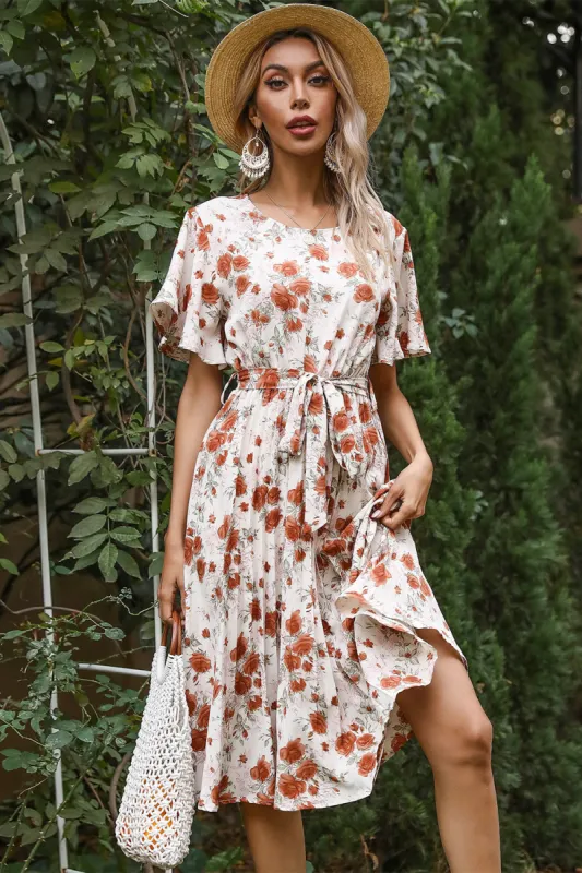 Round Neck Red Flower Print Boho Dress sold by Zapaka