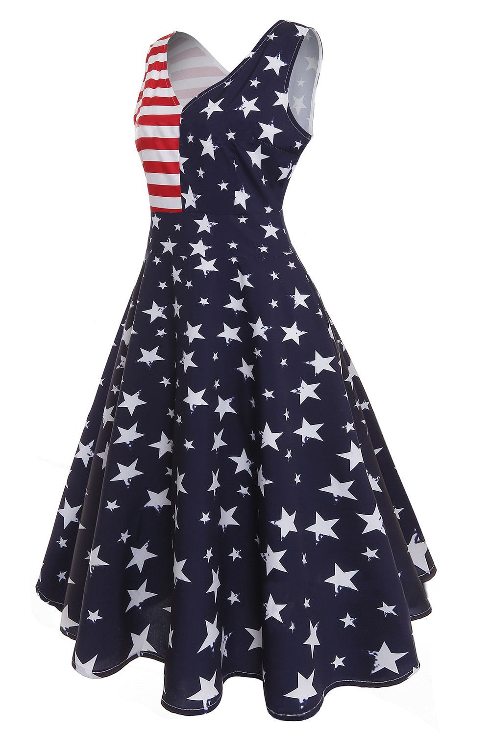 Navy V-Neck Stars Stripes Printed 1950s Dress sold by Zapaka product image thumbnail 3