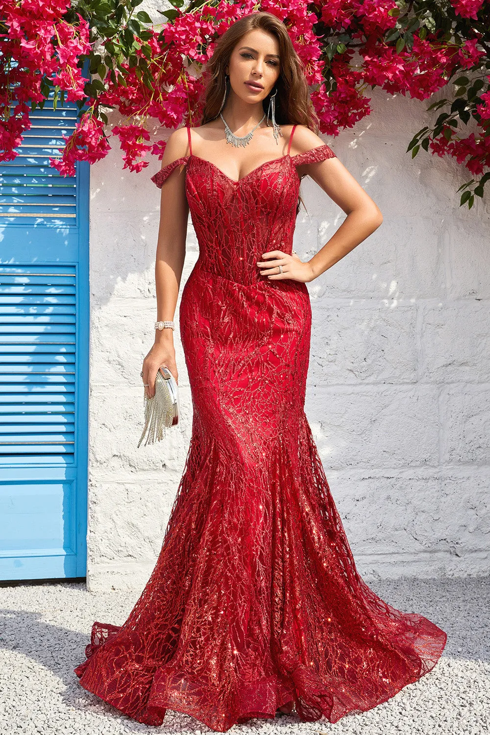 Mermaid Off the Shoulder Burgundy Corset Prom Dress with Bronzing sold by Zapaka product image thumbnail 5