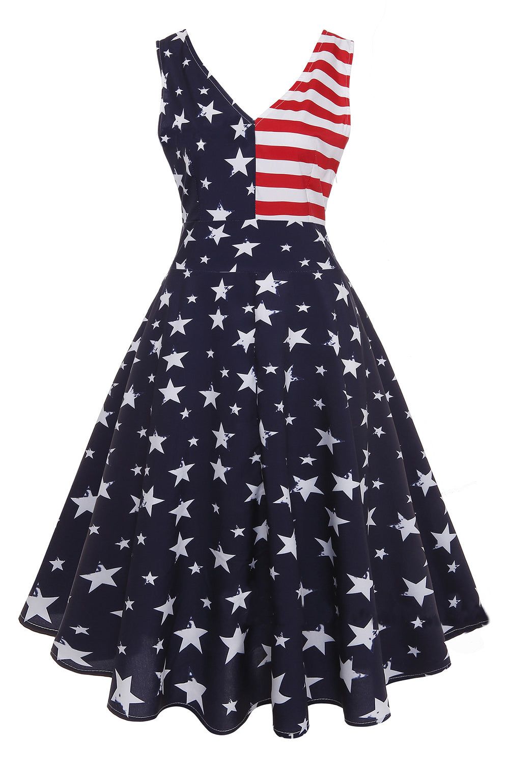 Navy V-Neck Stars Stripes Printed 1950s Dress sold by Zapaka